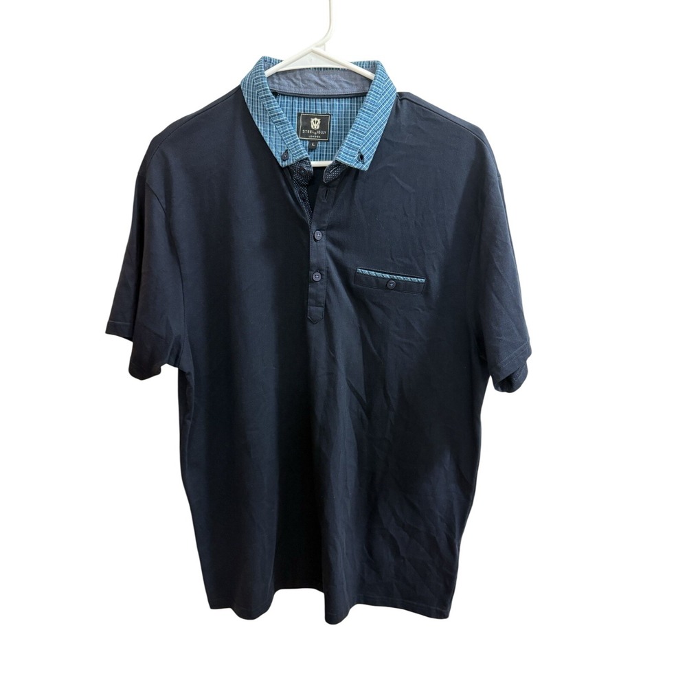 Steel & Jelly London Mens Large Navy Blue Polo Shirt Contrast Grid Collar Teal